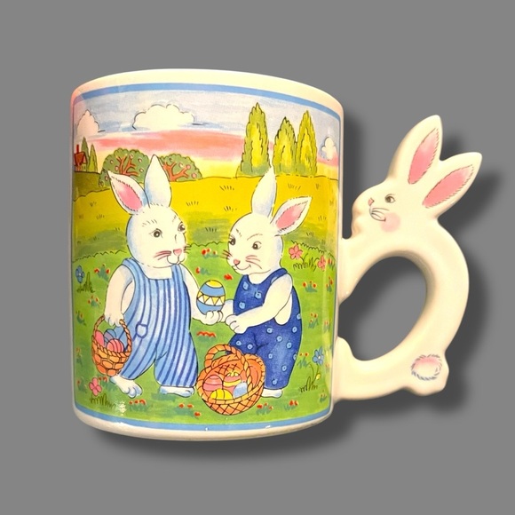 Vintage Easter Mug Coffee Tea Bunny Handle Two Rabbits Eggs Made in Japan White - Picture 1 of 7